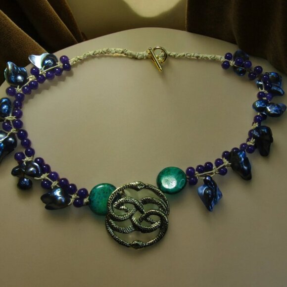 NEW Handmade Viking Jörmungandr Snake Necklace with Gemstones & Pearls. - Picture 2 of 5